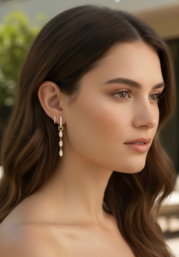 Close-up of a woman wearing pearl earrings with a blurred background